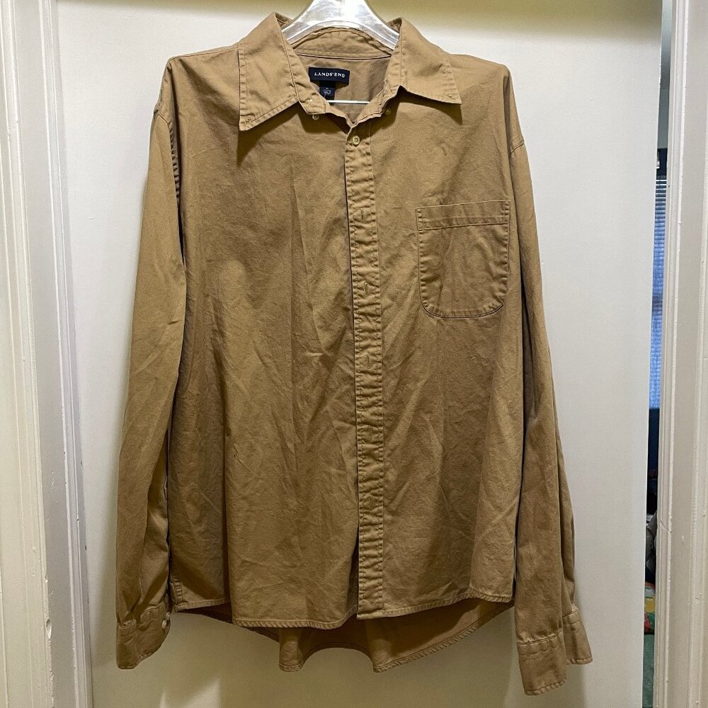 Lands End Mens Cotton Long Sleeve Camel Button Down Shirt Pocket Sz XL 17-17.5